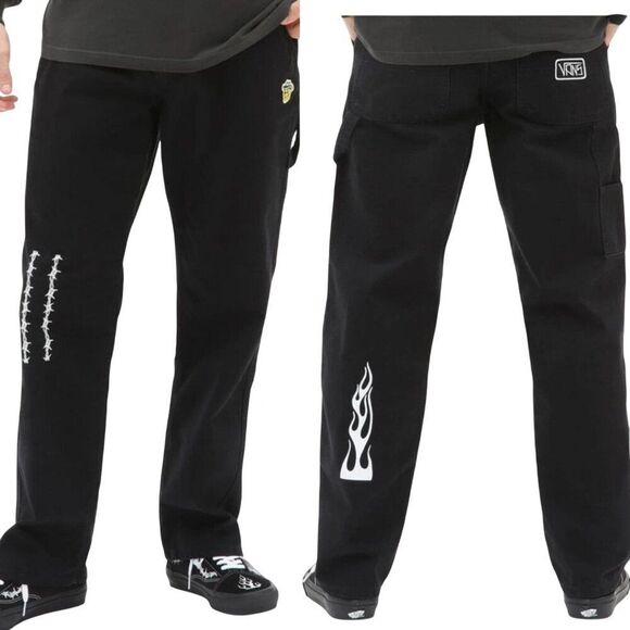 Elijah Berle Mens Loose Fit Skateboarding Pants Blk Sz 38 Carpenter Jeans Flame - Picture 1 of 14